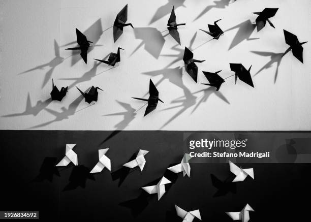 paper birds, origami in black white - papierkranich stock-fotos und bilder