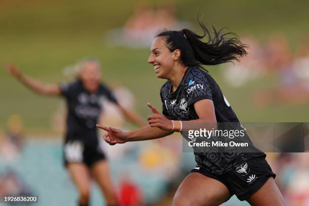 Emma Main of the Phoenix celebrates after scoring the teams first goal during the A-League Women round 12 match between Wellington Phoenix and...