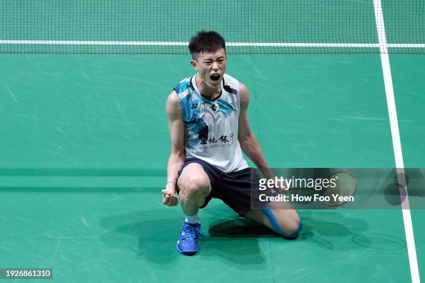 Lin Chun-Yi of Chinese Taipei celebrates after defeating Li Shi Feng of China in their men singles quarter-final during day 4 of the Petronas...