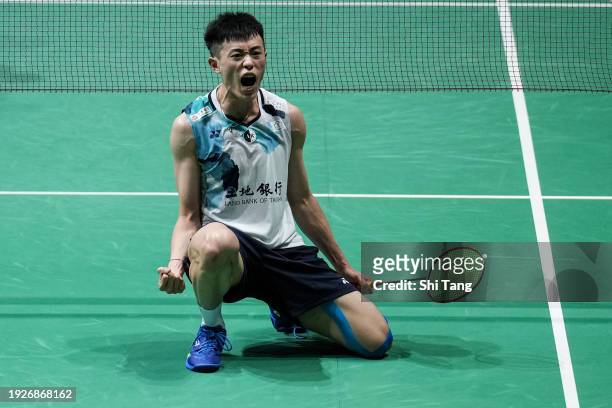 Lin Chun-Yi of Chinese Taipei celebrates the victory in the Men's Singles Quarter Finals match against Li Shifeng of China during day four of the...