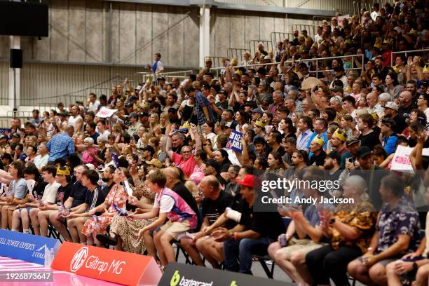 Fans enjoy the close game during the round 15 NBL match between New Zealand Breakers and Melbourne United at TSB Stadium, on January 12 in New...