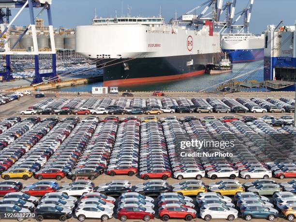 The ''BYD Explorer No. 1'' car carrier is being loaded with new energy vehicles for export at the port of Yantai, Shandong Province, China, on...