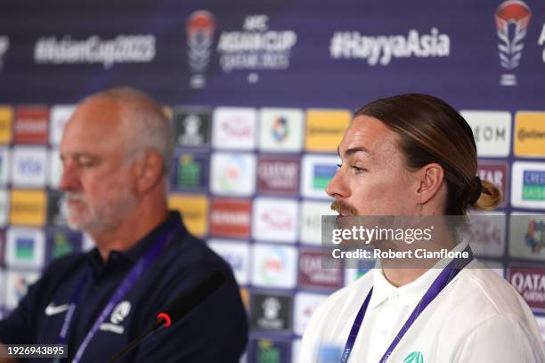 Jackson Irvine of Australia speaks to the media during an Australia Socceroos Press Conference ahead of the the AFC Asian Cup at the AFC Main Media...