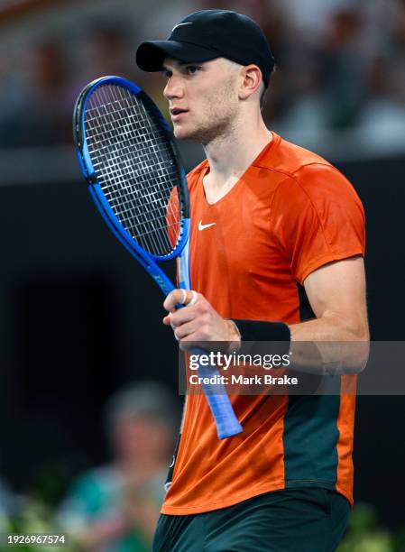 Jack Draper of Great Britain celebrates winning the match against Alexander Bublik of Kazakhstan during day five of the 2024 Adelaide International...