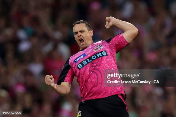 Steve O'Keefe of the Sixers celebrates after taking the wicket of Cameron Bancroft of the Thunder during the BBL match between Sydney Sixers and...