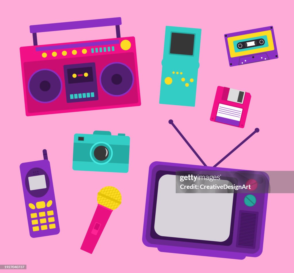 Set Of 90s Elements With Cassette, TV, Floppy Disk, Microphone, Retro Boombox, Push-button Telephone And Block Stacking Video Game