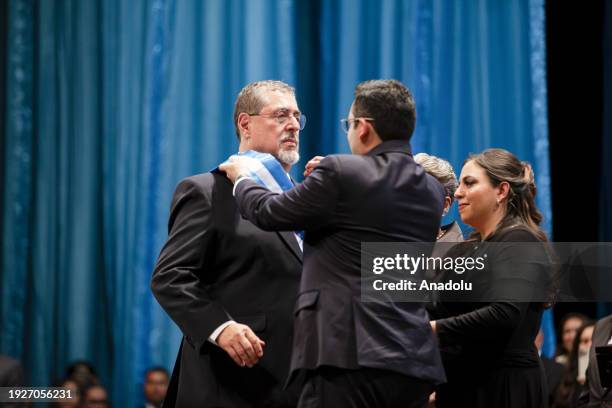 Bernardo Arevalo de Leon swears in as President of Guatemala for the 2024-2028 term in a solemn session by Congress new President Samuel Perez during...