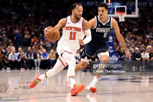 Jalen Brunson of the New York Knicks drives to the basket against Josh Green of the Dallas Mavericks in the second half at American Airlines Center...