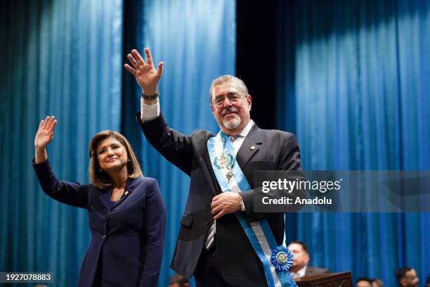 Guatemala's new President Bernardo Arevalo and new Vice-President Karin Herrera wave during inauguration ceremony at the Miguel Angel Asturias...