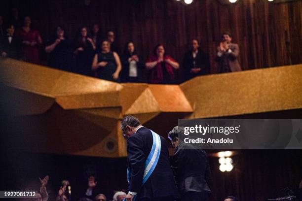 Guatemala's new President Bernardo Arevalo and his wife Lucrecia Peinado leave after swearing-in ceremony at the Miguel Angel Asturias Cultural...