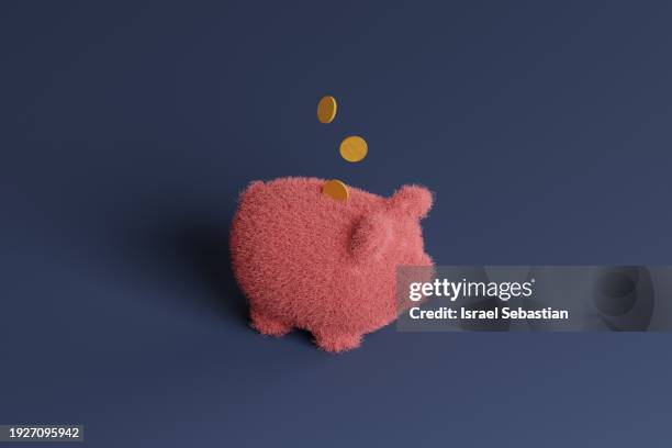 piggy bank piggy bank with hair texture isolated on blue background. - health savings account stockfoto's en -beelden