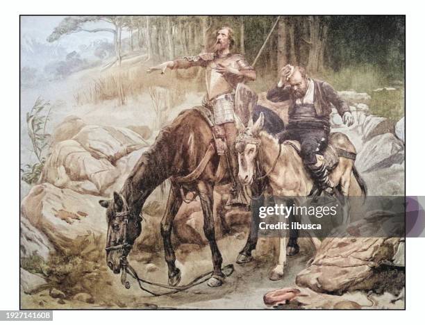 illustrations, cliparts, dessins animés et icônes de antique photo of paintings: don quixote and sancho panza - sancho panza