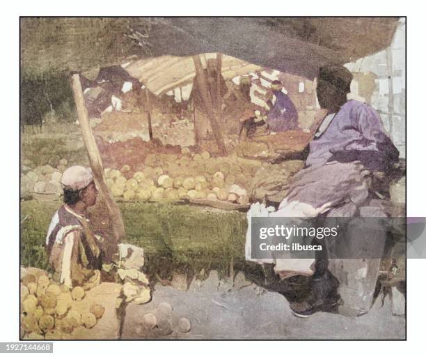 antique photo of paintings: orange vendor - fruit basket stock illustrations