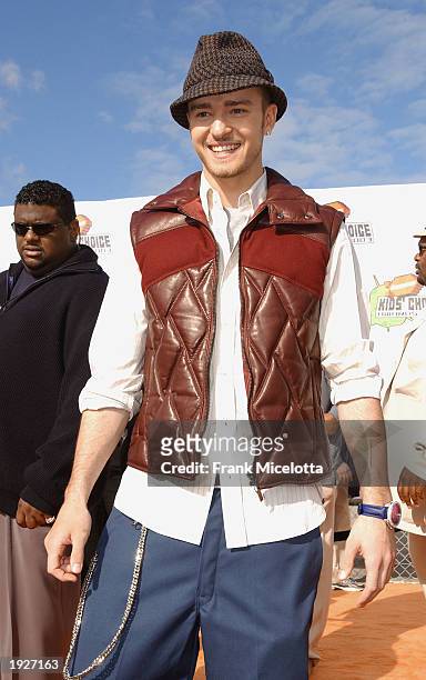Justin Timberlake attends Nickelodeon's 16th Annual Kid's Choice Awards at the Barker Hangar, April 12, 2003 in Santa Monica, California.