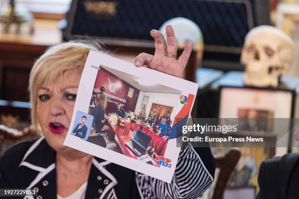 Daniel Sancho's lawyer, Carmen Balfagon, shows an image during a press conference on Daniel Sancho, January 12 in Madrid, Spain. Lawyers for Daniel...