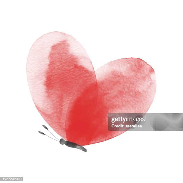 stockillustraties, clipart, cartoons en iconen met watercolor butterfly with red heart wings - passie