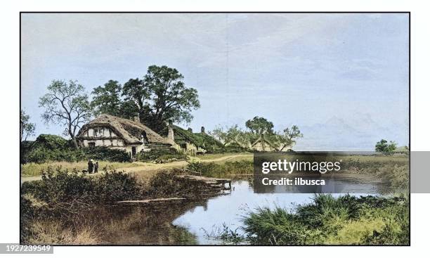 stockillustraties, clipart, cartoons en iconen met antique photo of paintings: landscape - huis ter heide