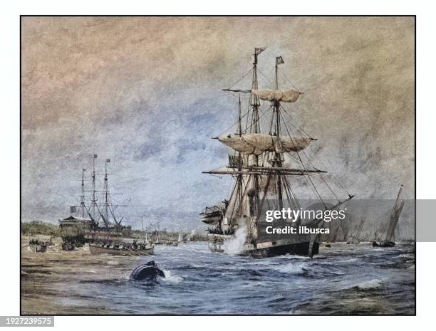 illustrations, cliparts, dessins animés et icônes de antique photo of paintings: seascape - bateau 3 mats