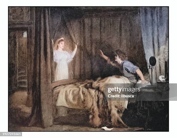 illustrazioni stock, clip art, cartoni animati e icone di tendenza di foto antica di dipinti: apparizione - fantasma