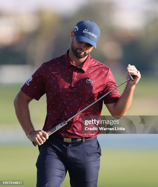 Adri Arnaus of Spain putts on the 18th green on Day Two of the Dubai Invitational at Dubai Creek Golf and Yacht Club on January 12, 2024 in Dubai,...