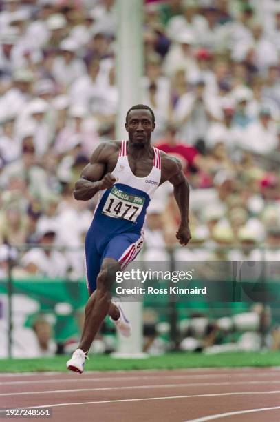 Linford Christie of Great Britain running in the Men's 200 metres semi final race on 1st August 1996 during the XXVI Summer Olympic Games at the...