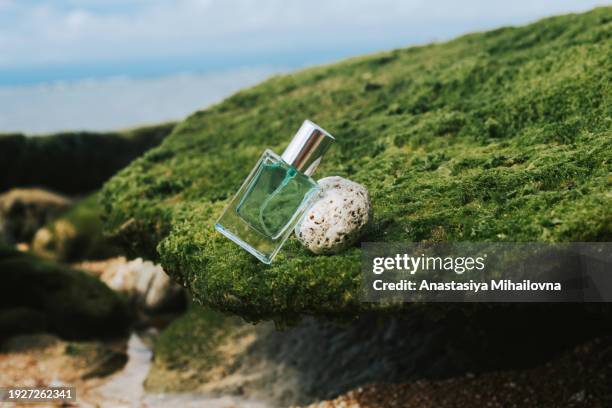 a glass perfume bottle on a stone background. - aromaöl stock-fotos und bilder