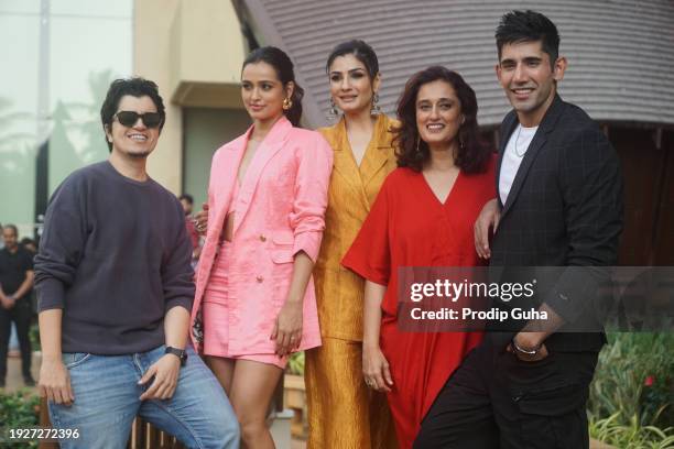 Guest, Namrata Sheth, Raveena Tandon, Ruchi Narain and Varun Sood attend the 'Karmma Calling' Disney+ Hotstar web series photocall on January 12,...