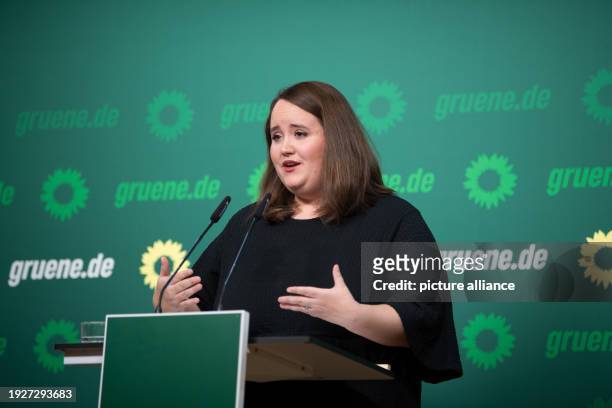 January 2024, Berlin: Ricarda Lang, Federal Chairwoman of Bündnis 90/Die Grünen, gives a press statement on current political issues after her...