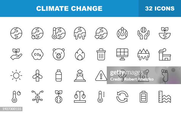 stockillustraties, clipart, cartoons en iconen met climate change line icons. editable stroke. contains such icons as carbon footprint, co2, earth, ecology, environment, global warming, nature. - carbon cycle