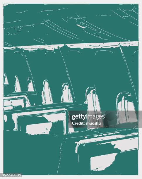 outline risograph style airplane porthole scene illustration background - porthole stock illustrations