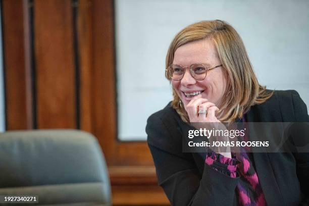 State secretary for gender equality and diversity Marie-Colline Leroy is seen at a press conference on the launch of the Inter-federal coordination...