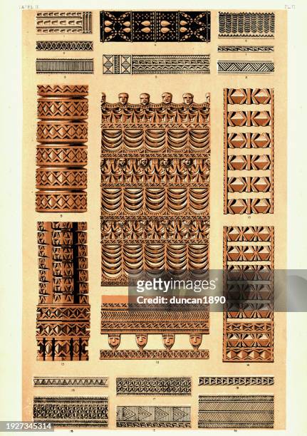 ilustrações, clipart, desenhos animados e ícones de padrões de arte decorativa tradicional da polinésia, escultura em madeira, século 19, arte - polynesia