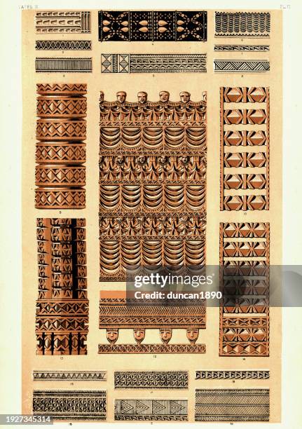 traditional polynesian decorative art patterns designs, wood carving, 19th century, art - polynesian-pattern stock illustrations