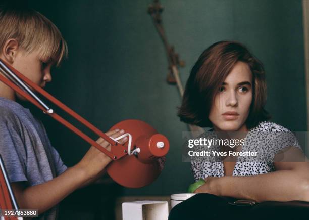 French actor Thomas Salsmann and french actress Judith Godreche on the set of "La Desenchantee" , by French director, screenwriter and writer Benoit...