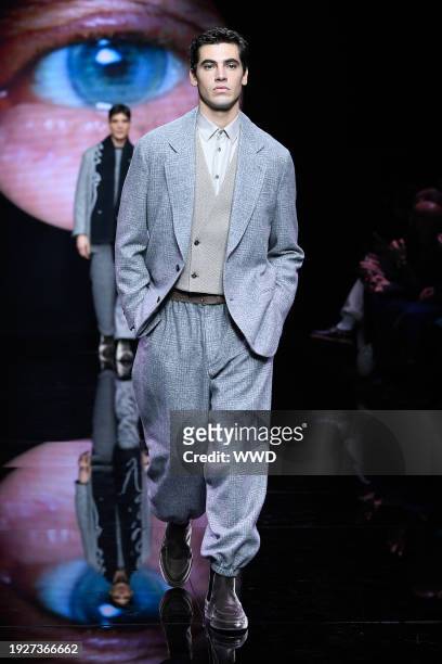 Model on the runway at Giorgio Armani Men's Fall 2024 as part of Milan Men's Fashion Week held on January 15, 2024 in Milan, Italy.