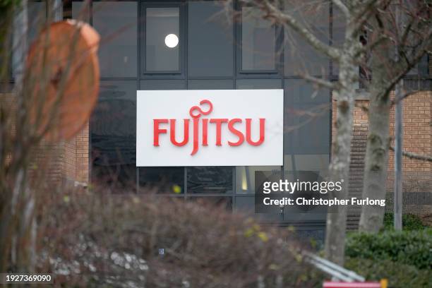 General view of the company logo at the Warrington offices of technology company Fujitsu on January 12, 2024 in Warrington, England. Fujitsu, the...