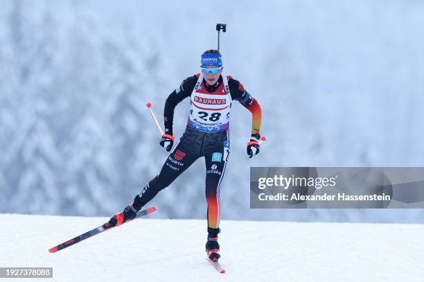 Franziska Preuss of Germany competes during the Women 7.5 km Sprint at the BMW IBU World Cup Biathlon Ruhpolding on January 12, 2024 in Ruhpolding,...