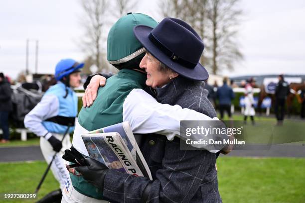 Henrietta Knight embraces James Bowen ahead of the Start Your RacingTV Free Trial Now Handicap Hurdle at Wincanton Racecourse on January 12, 2024 in...