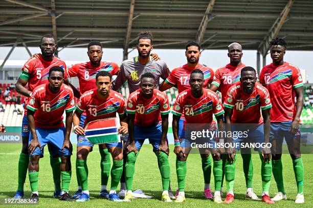 Gambia's players pose prior to the Africa Cup of Nations 2024 group C football match between Senegal and Gambia at Stade Charles Konan Banny in...