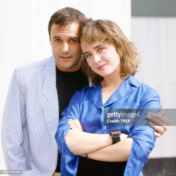 Portrait of British actors Karl Howman and Lysette Anthony , London, England, August 19, 1987.