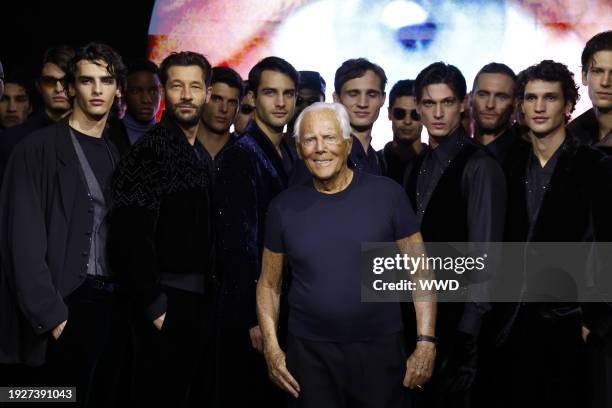 Designer Giorgio Armani poses with models on the runway at Giorgio Armani Men's Fall 2024 as part of Milan Men's Fashion Week held on January 15,...