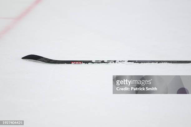 Detailed view of a CCM hockey stick is seen on the ice as the Seattle Kraken play against the Washington Capitals during the third period at Capital...