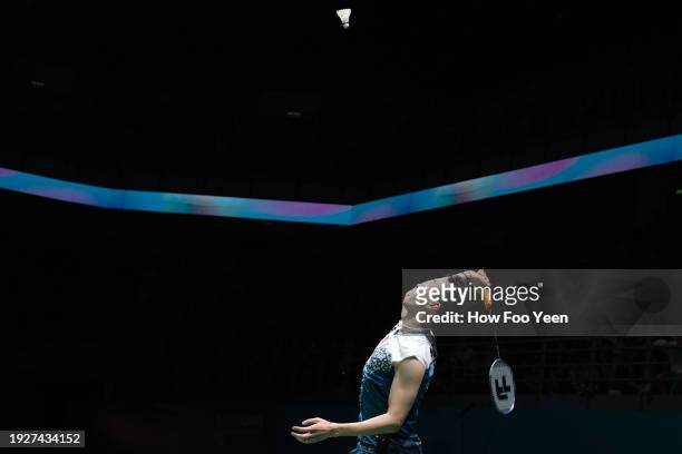 Ng Ka Long of Hong Kong in action against Viktor Axelsen of Denmark in their men singles quarter-final during day 4 of the Petronas Malaysia Open at...