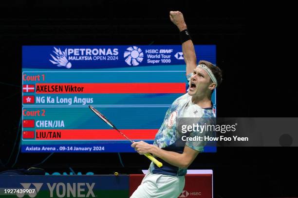 Viktor Axelsen of Denmark reacts after winning a point against Ng Ka Long of Hong Kong in their men singles quarter-final during day 4 of the...