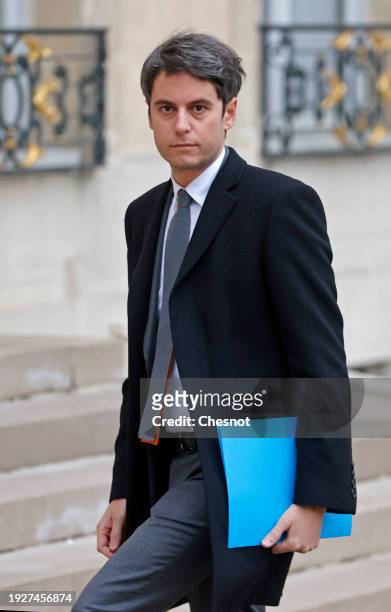 French Prime Minister Gabriel Attal arrives for the weekly cabinet meeting at the presidential Elysee Palace on January 12, 2024 in Paris, France....