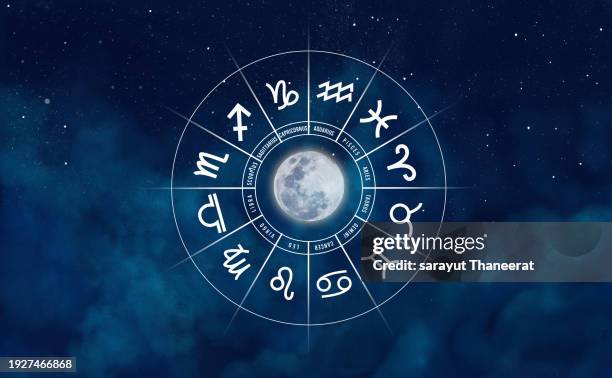 zodiac signs inside of horoscope circle. astrology in the sky with many stars and moons astrology and horoscopes concept - adivinación fotografías e imágenes de stock