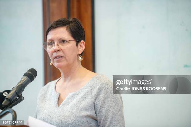 Director Els Keytsman speaks during a press conference to launch the Inter-federal coordination to combat anti-semitism on January 15, 2024 in...