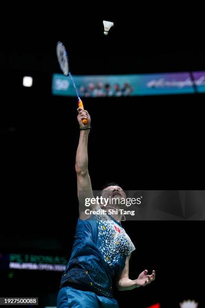 Ng Ka Long Angus of Hong Kong competes in the Men's Singles Quarter Finals match against Viktor Axelsen of Denmark during day four of the Malaysia...