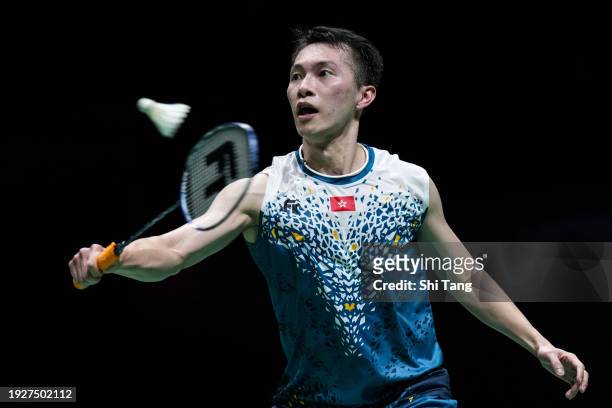 Ng Ka Long Angus of Hong Kong competes in the Men's Singles Quarter Finals match against Viktor Axelsen of Denmark during day four of the Malaysia...