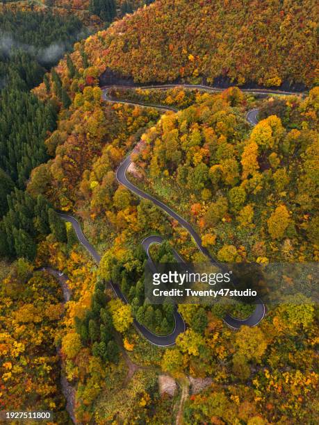 aerial view of mountain winding road and colorful landscape in autumn - echigo yuzawa stock pictures, royalty-free photos & images